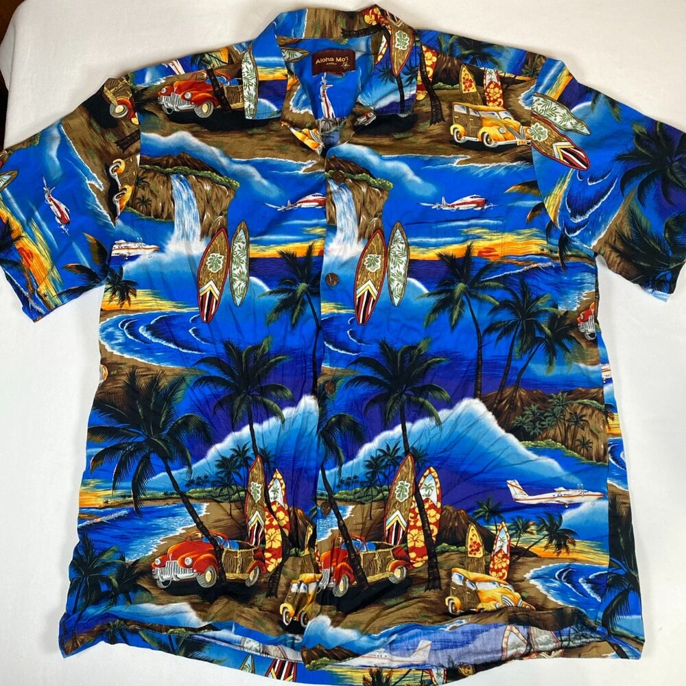 Aloha Mo'i Hawaiian Casual Button-Down Shirt Men's XL Blue 100% Cotton